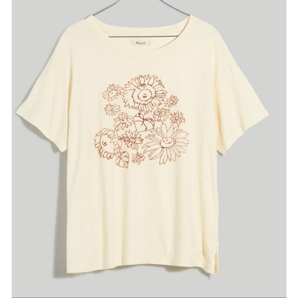 Madewell $89 Sunflower Embroidered Cream oversized Graphic Tee Women’s XS NEW